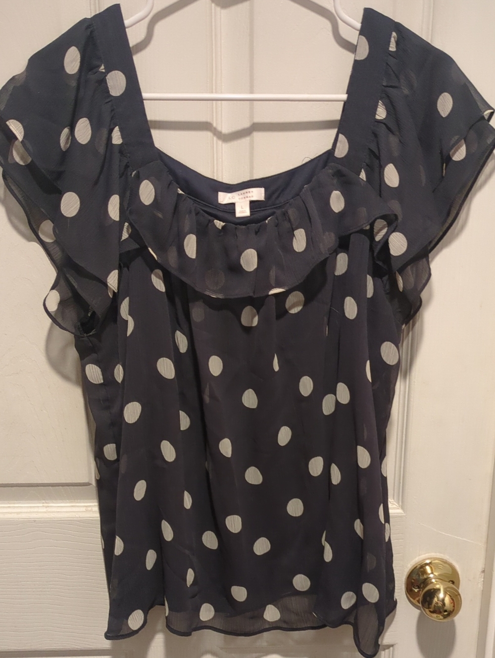 LC Lauren Conrad Navy Polka Dot Ruffle Sleeve Blouse